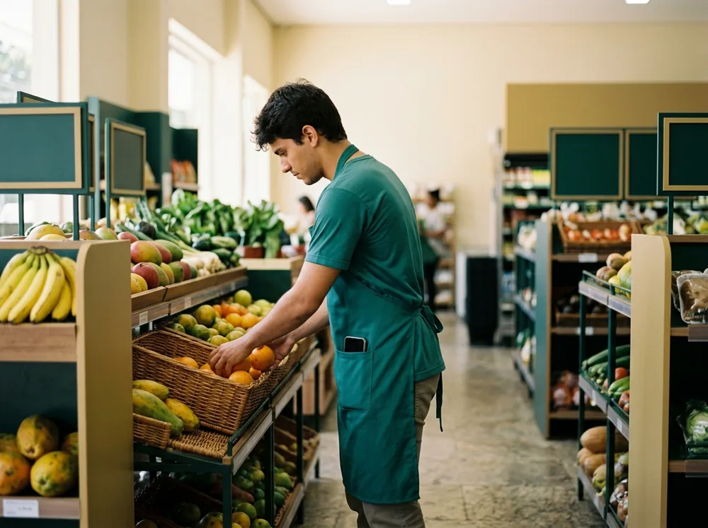 Operador de avental verde repondo o hortifruti